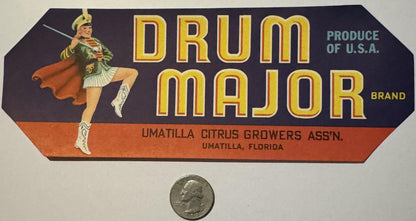 Antique 1930s Drum Major Brand Crate Label — Umatilla Citrus Growers Ass'n, Umatilla, Florida