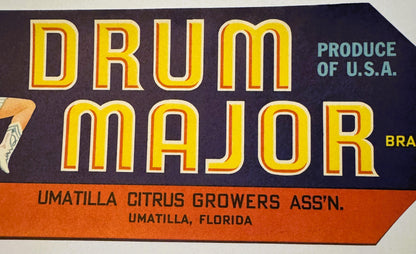Antique 1930s Drum Major Brand Crate Label — Umatilla Citrus Growers Ass'n, Umatilla, Florida