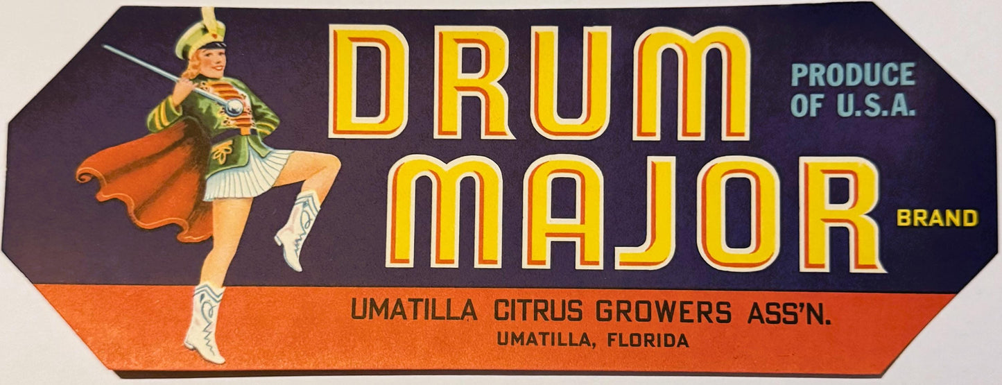 Antique 1930s Drum Major Brand Crate Label — Umatilla Citrus Growers Ass'n, Umatilla, Florida