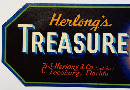 Vintage Herlong's Treasure brand crate label with blue and green border, cream and orange text on black background, from Lees