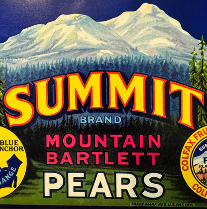 Vintage Summit Brand Mountain Bartlett Pears crate label featuring snow-capped mountain, forest, and bold yellow and red text
