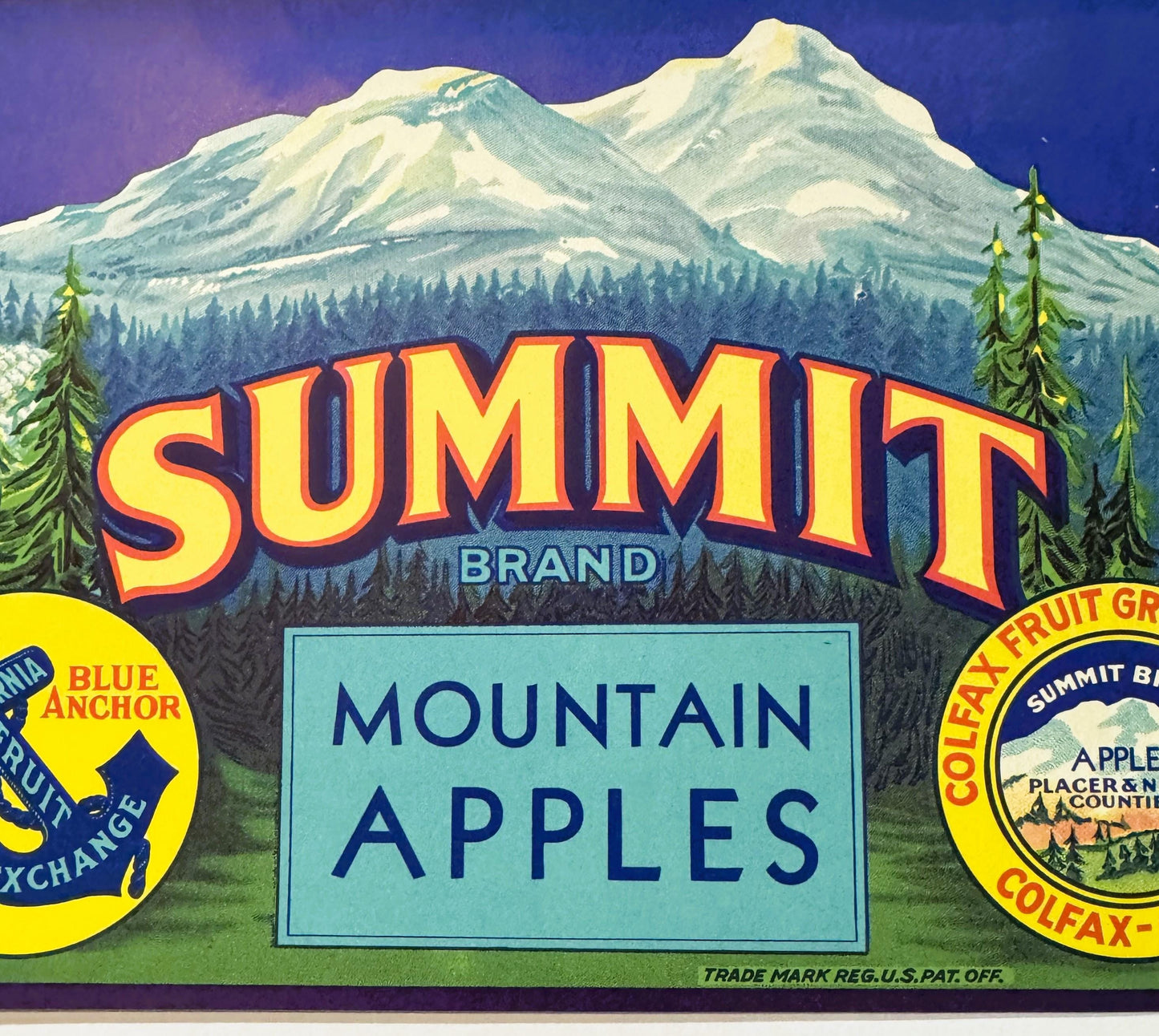 Vintage Summit Brand mountain apples crate label featuring snow-capped peaks, evergreen trees, and yellow circular produce ex