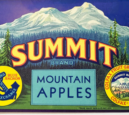 Vintage Summit Brand mountain apples crate label featuring snow-capped peaks, evergreen trees, and yellow circular produce ex