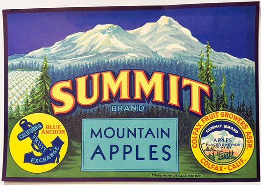 Antique Vintage 1930s Summit Mountain Apples Crate Label 🍎 Colfax, CA, Snow Pack!