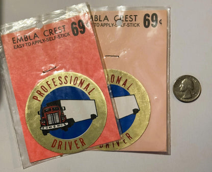 Two unopened vintage Embla Crest self-stick decals priced at 69¢, featuring a gold circle with "Professional Driver" text and
