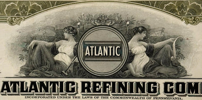 Ornate vintage stock certificate header for Atlantic Refining Company showing two classical female figures flanking a circula