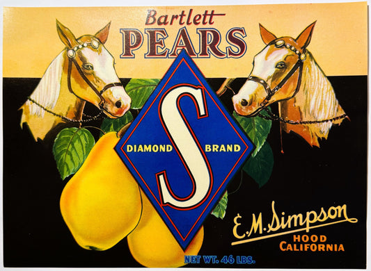 Antique 1930s Diamond S Brand Bartlett Pears Crate Label — E. M. Simpson, Hood, California