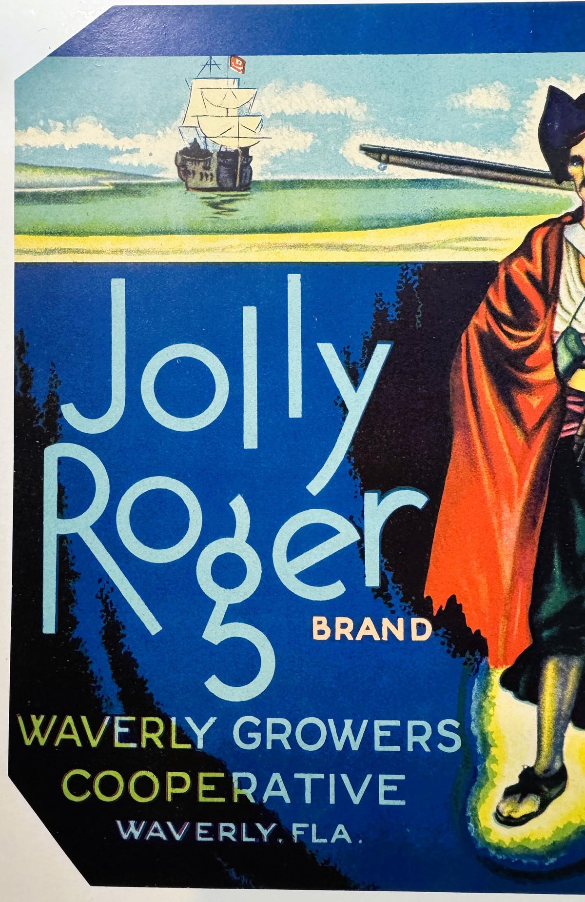 Close-up of the Jolly Roger label: the three-masted ship at anchor in the cove, Jolly Roger in pale-blue letters, BRAND, WAVERLY GROWERS COOPERATIVE, WAVERLY, FLA.