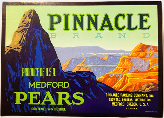 Vintage 1940s Pinnacle Brand Medford Pears Crate Label — Louis Roesch Co. Litho, Pinnacle Packing, Medford OR