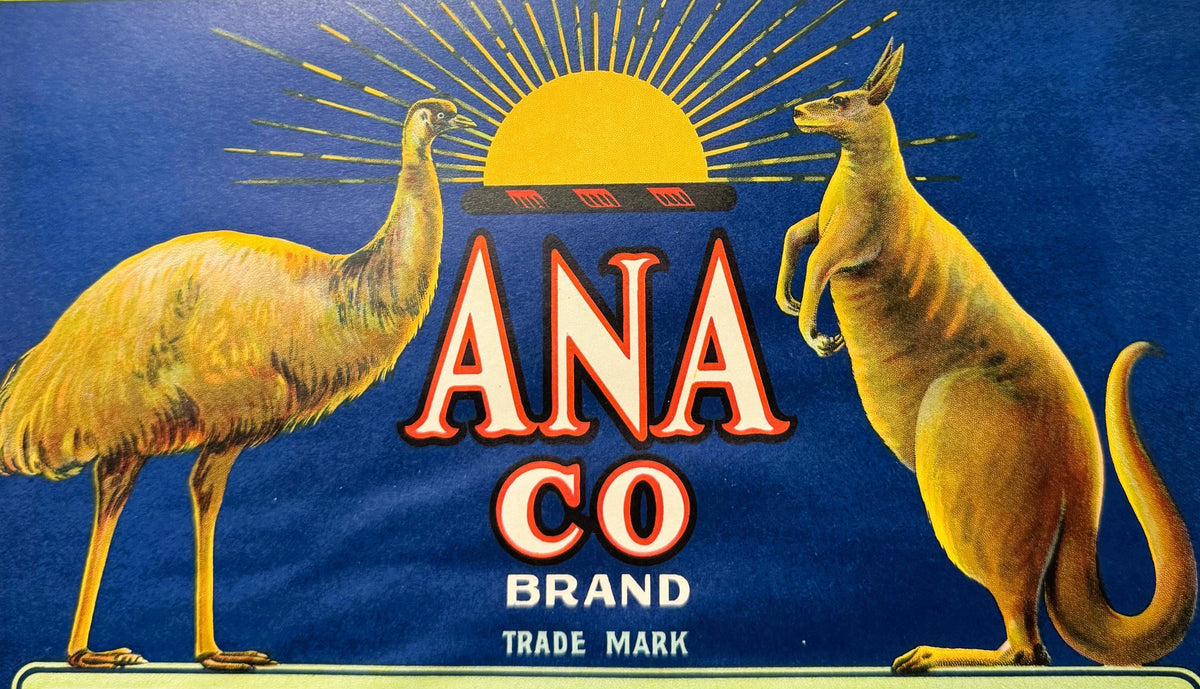 Closer view of the ANA CO Grape Fruit label's emu and kangaroo trademark art, with the rising sun and red ANA CO BRAND TRADE MARK lettering on a deep blue ground.