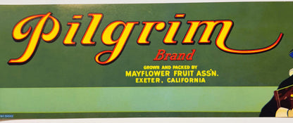 Vintage Pilgrim Brand fruit crate label with yellow and red text on green background, Mayflower Fruit Association, Exeter Cal