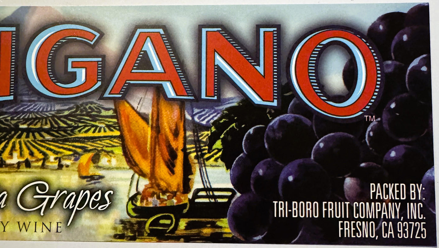 Vintage Lugano Grapes crate label with red bold lettering, vineyard scene, and dark purple grapes, packed by Tri-Boro Fruit C