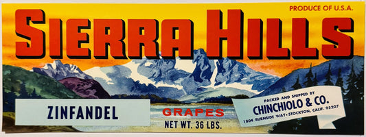 Vintage 1980s Sierra Hills Zinfandel Grape Crate Label from Stockton, California