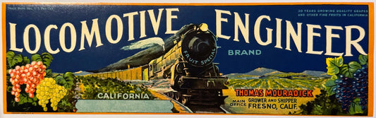 Vintage 1930s Locomotive Engineer Crate Label 🚂 Fresno, CA, Steam Train Railroad
