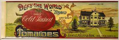 Vintage tomato can label with red tomato, farmhouse illustration, and ornate gold lettering for "Defy The World Brand" by Sam
