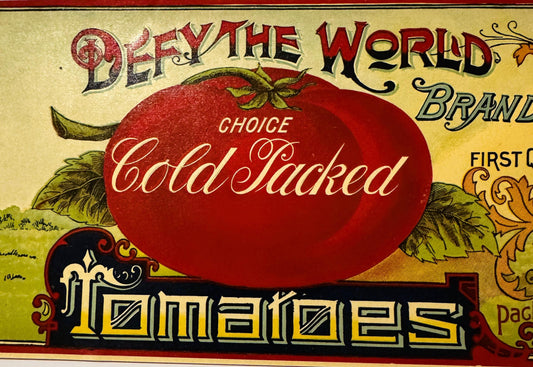 Antique 1910s-1920s Defy The World Tomatoes Can Label 🍅 Kelty & Son, Quinton NJ