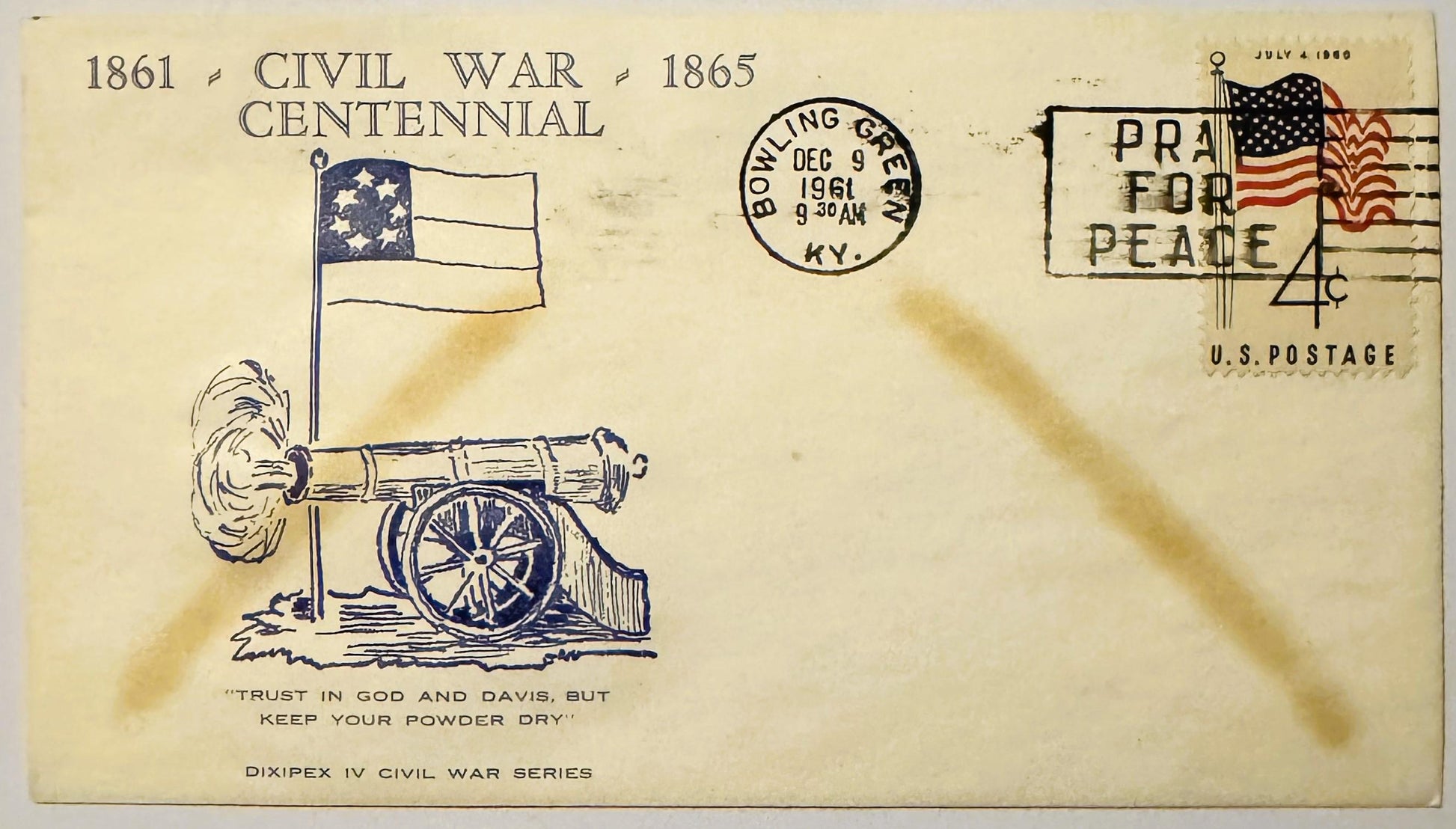 Cream-colored 1961 Civil War Centennial envelope with cannon illustration, "Keep Your Powder Dry" quote, Bowling Green KY pos