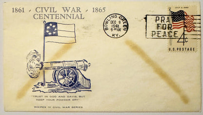 Cream-colored 1961 Civil War Centennial envelope with cannon illustration, "Keep Your Powder Dry" quote, Bowling Green KY pos