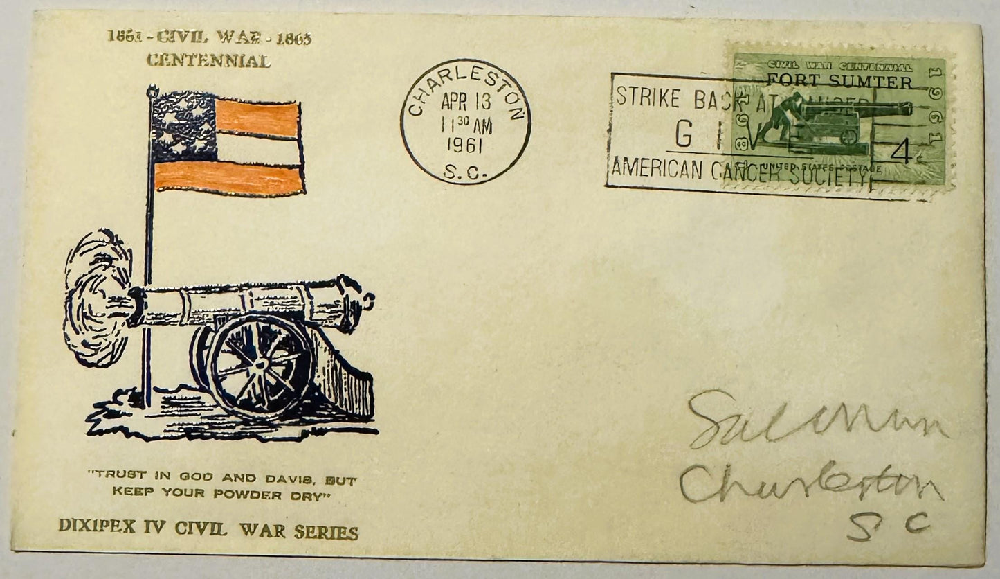 Vintage 1961 Civil War Centennial envelope with cannon illustration, Confederate flag, and "Keep Your Powder Dry" motto, post
