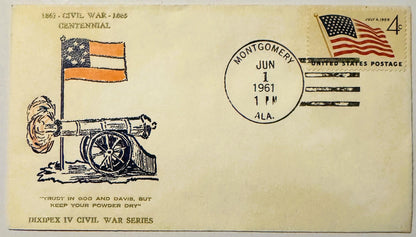 Cream-colored 1961 Civil War Centennial envelope with cannon and flag illustration, postmarked Montgomery, Alabama, featuring