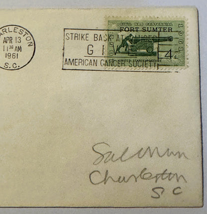 Cream envelope with green Fort Sumter Civil War Centennial stamp, Charleston postmark dated April 13, 1961, and "Strike Back"