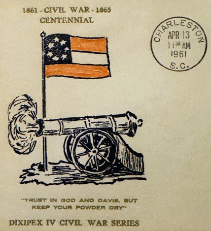 Vintage 1961 Civil War Centennial envelope with cannon, flag, and "Keep Your Powder Dry" text, Charleston postmark.