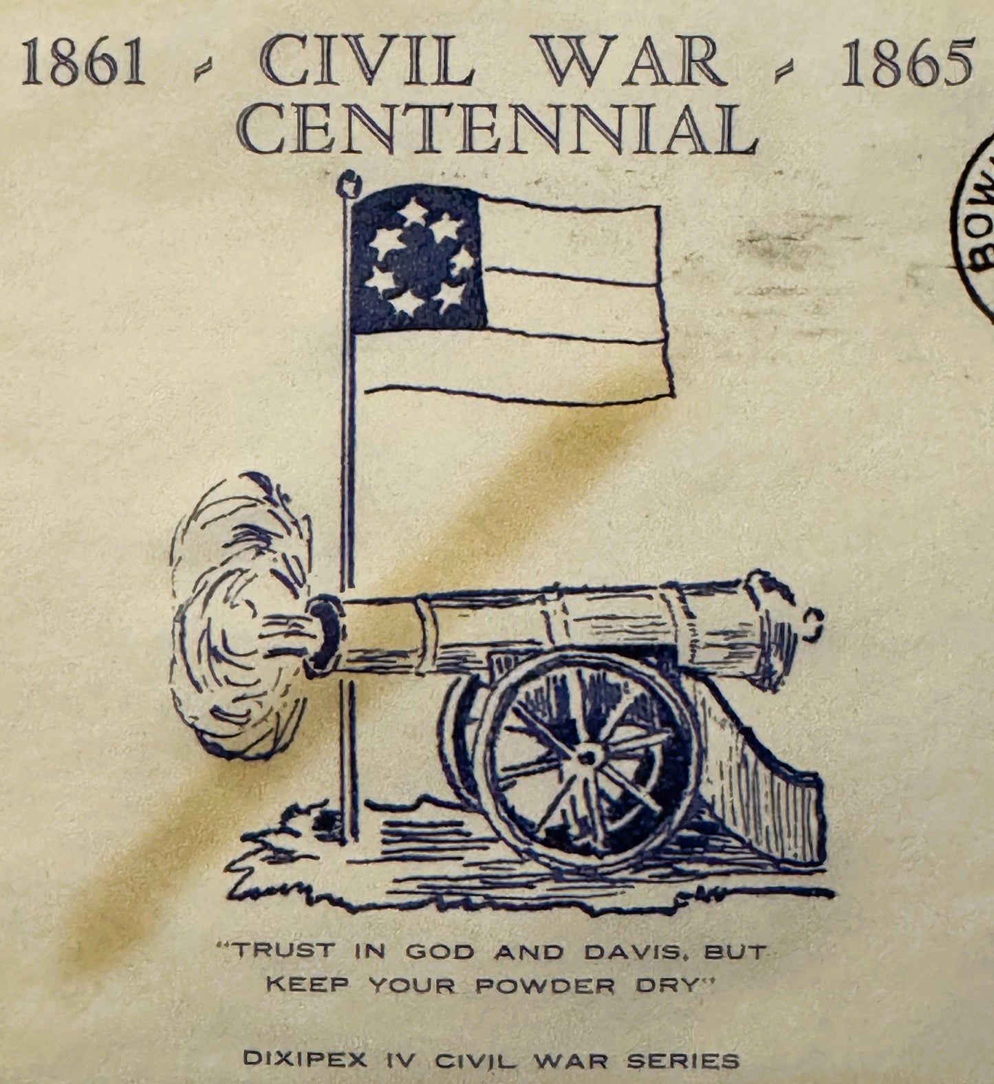 Vintage 1861-1865 Civil War Centennial envelope with cannon, flag, and "Keep Your Powder Dry" quote printed in blue ink on ag
