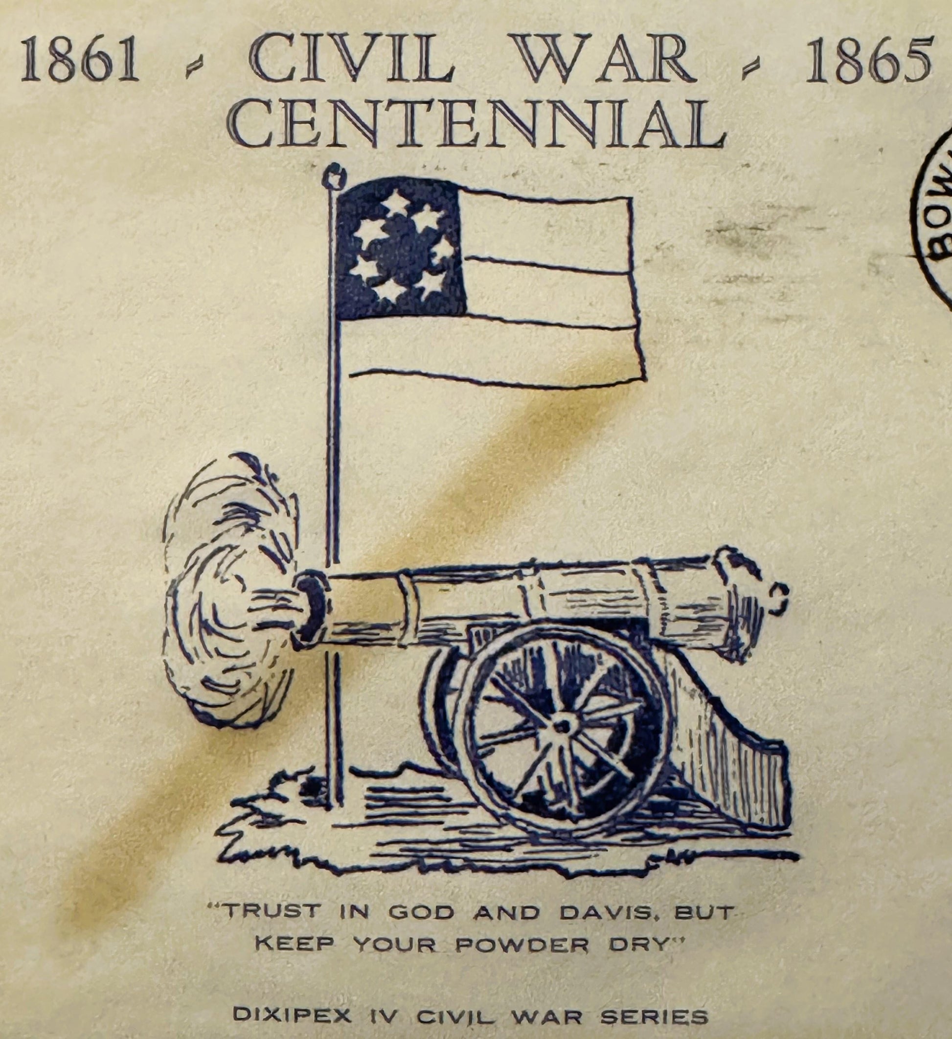 Vintage 1861-1865 Civil War Centennial envelope with cannon, flag, and "Keep Your Powder Dry" quote printed in blue ink on ag