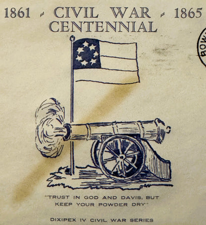 Vintage 1861-1865 Civil War Centennial envelope with cannon, flag, and "Keep Your Powder Dry" quote printed in blue ink on ag