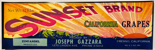 Vintage 1950s Sunset Brand California Grapes Zinfandel Crate Label 🍇 — Packed by Joseph Gazzara, 1270 Linden Ave., Fresno CA