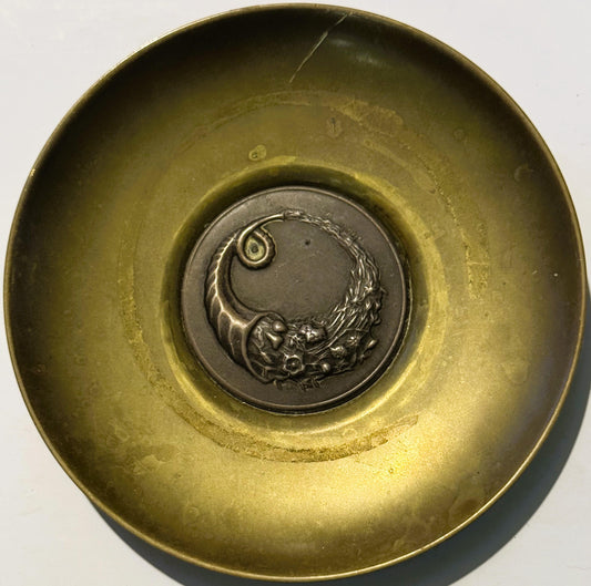 Vintage Brass Ring Dish ✨ Silver-Toned Cornucopia Medallion, Classical Horn of Plenty Trinket & Coin Catchall