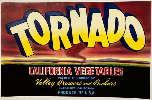 Vintage 1950s Tornado Crate Label 🍎 Guadalupe, CA, Twister, Neat Home Decor!
