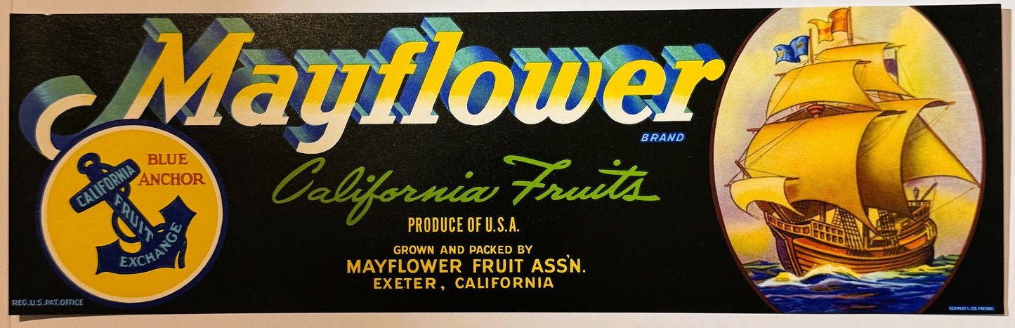 Vintage 1950s Mayflower Brand Crate Label 🍎 California Fruits, Mayflower Fruit Ass'n, Exeter California, Blue Anchor Galleon Art