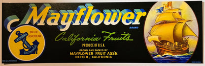 Vintage 1950s Mayflower Brand Crate Label 🍎 California Fruits, Mayflower Fruit Ass'n, Exeter California, Blue Anchor Galleon Art