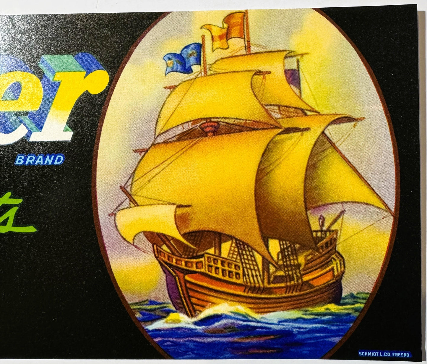 Vintage 1950s Mayflower Brand Crate Label 🍎 California Fruits, Mayflower Fruit Ass'n, Exeter California, Blue Anchor Galleon Art