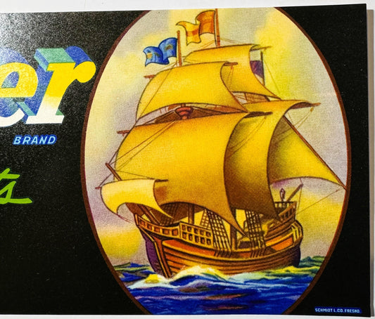 Vintage 1950s Mayflower Brand Crate Label 🍎 California Fruits, Mayflower Fruit Ass'n, Exeter California, Blue Anchor Galleon Art