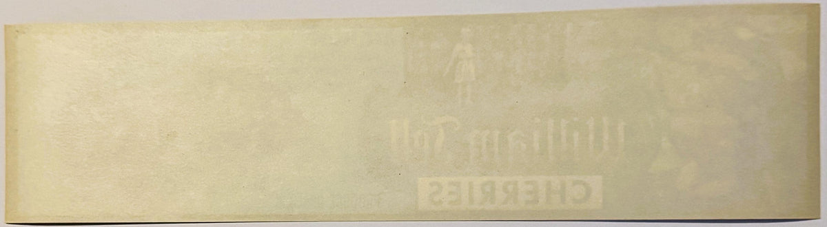 Cream-colored vintage fruit crate label with faded William Tell Cherries branding and San Joaquin Valley CA text, shown at an