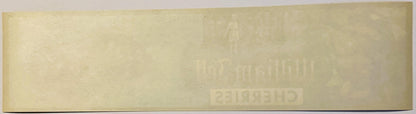 Cream-colored vintage fruit crate label with faded William Tell Cherries branding and San Joaquin Valley CA text, shown at an