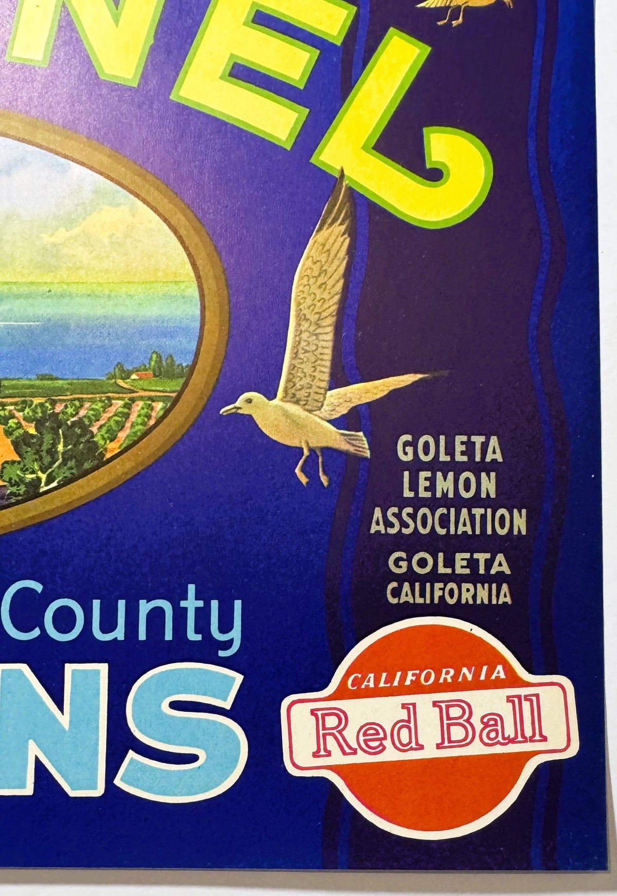 Vintage lemon crate label with purple background, yellow "Channel" text, flying bird, "Goleta Lemon Association Goleta Califo