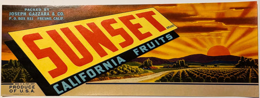 Vintage 1940s Sunset Brand California Fruits Crate Label 🌅 — Packed by Joseph Gazzara & Co., P.O. Box 931 Fresno CA — Stecher-Traung Litho