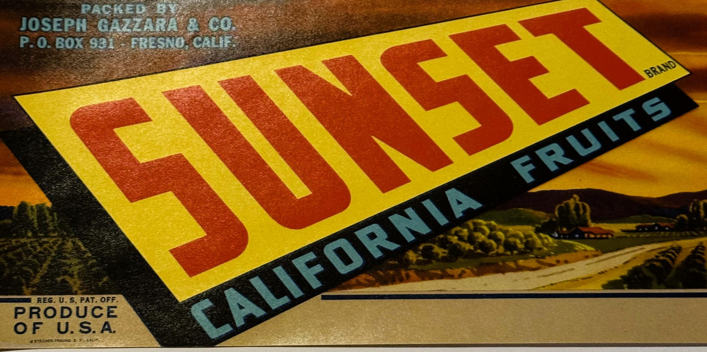 Vintage fruit crate label with bold red "SUNSET" text on yellow background, "California Fruits" in blue band, Joseph Gazzara 