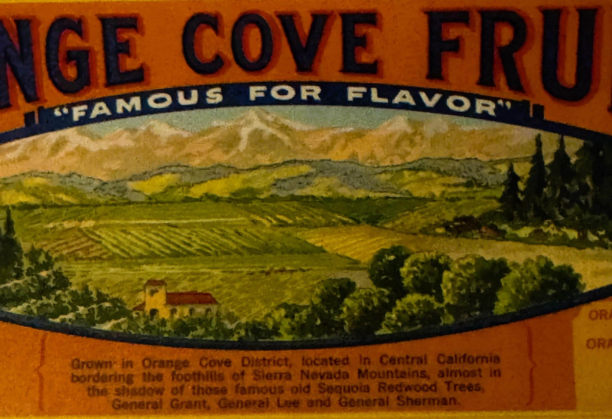 Vintage orange crate label with "Orange Cove Fruit" text, pastoral landscape showing mountains, farmland, and a small house w