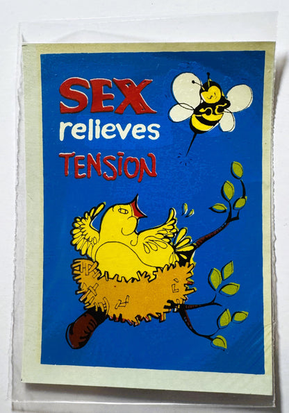 Vintage blue decal with red "SEX relieves TENSION" text, yellow bird and bee graphics, enclosed in clear plastic sleeve