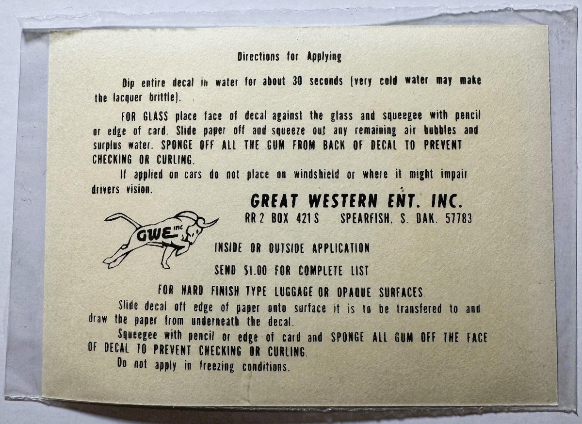 Vintage decal application instructions from Great Western Enterprises, printed on cream paper with black text and company log