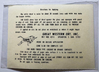 Vintage decal application instructions from Great Western Enterprises, printed on cream paper with black text and company log
