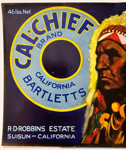 Vintage 1920s Cal'Chief Bartlett Pears Crate Label 🍐 Suisun California