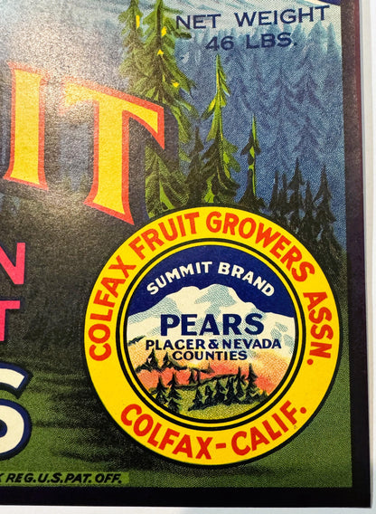Vintage fruit crate label featuring evergreen trees, mountain peak, and circular seal reading "Summit Brand Pears, Placer & N