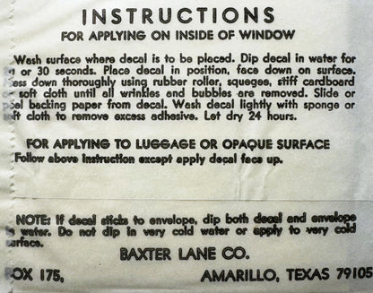 Vintage decal application instructions from Baxter Lane Co., Amarillo Texas, printed on cream paper with black text detailing