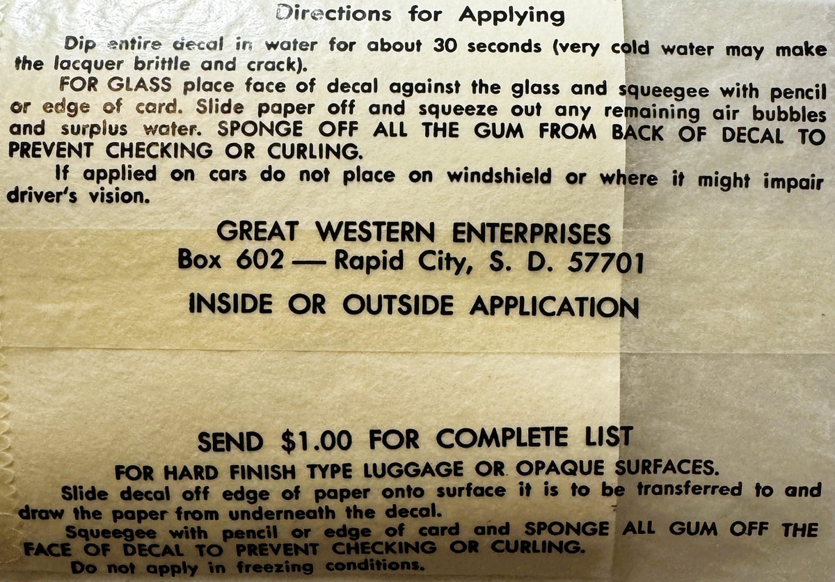Vintage instruction sheet for water-transfer decal application by Great Western Enterprises, Rapid City, S.D., printed in bla