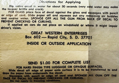 Vintage instruction sheet for water-transfer decal application by Great Western Enterprises, Rapid City, S.D., printed in bla